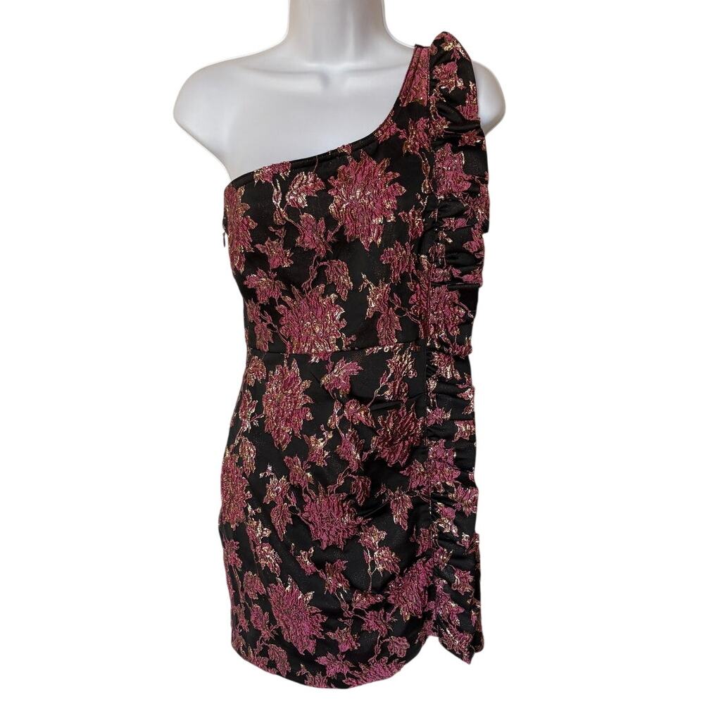 For Love & Lemons Luella Floral Metallic Jacquard Ruched Ruffled Mini Dress sz S